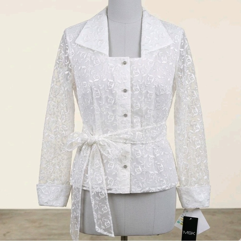 NWT MSK White Floral Lace Tie-Waist Jacket Medium Rhinestone Buttons Bridal